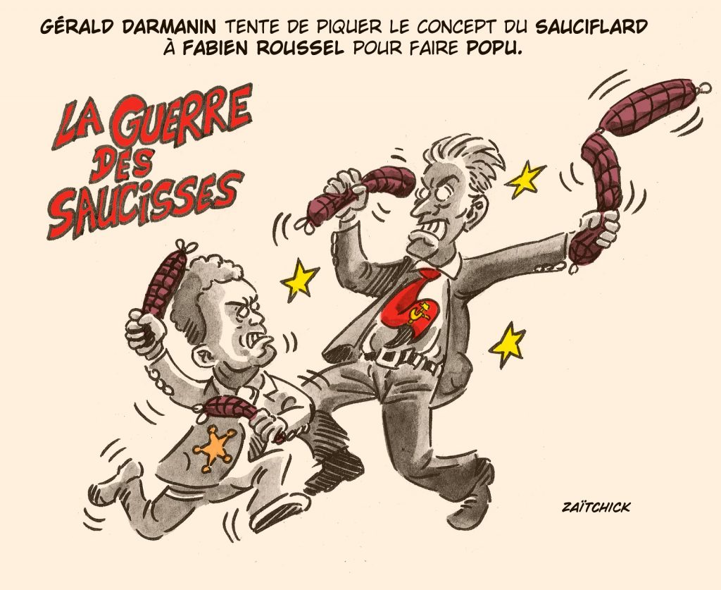 dessin presse humour Gérald Darmanin image drôle saucisson Fabien Roussel