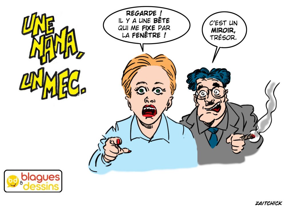 blague dessin humour mec nana homme femme gars fenêtre miroir