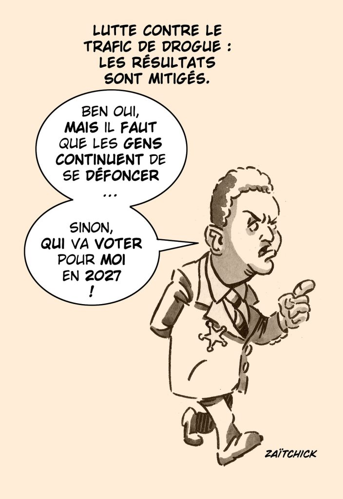 dessin presse humour Gérald Darmanin présidentielle 2027 image drôle lutte trafic drogue