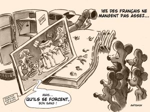 dessin presse humour Emmanuel Macron réception Charles III image drôle pauvreté français faim
