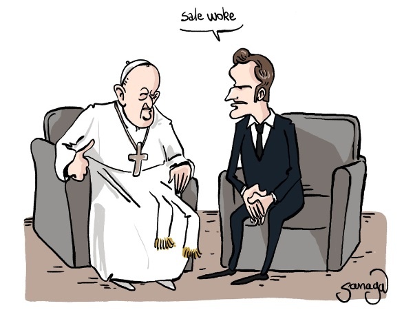 dessin presse humour discours pro-migrants image drôle Pape Marseille Emmanuel Macron