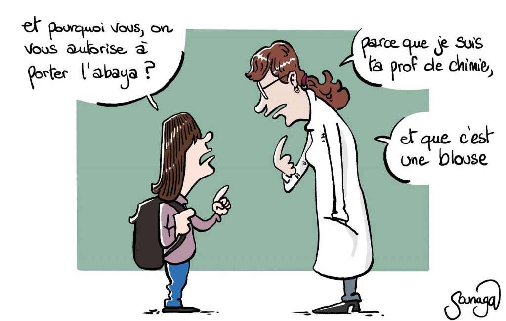 dessin presse humour interdiction abaya image drôle blouse professeur chimie
