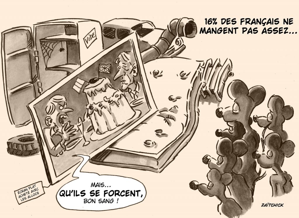 dessin presse humour Emmanuel Macron réception Charles III image drôle pauvreté français faim