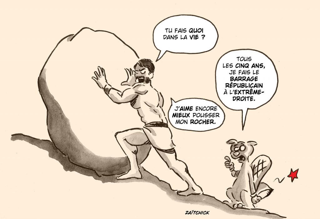 dessin presse humour rocher Sisyphe image drôle vote barrage extrême-droite