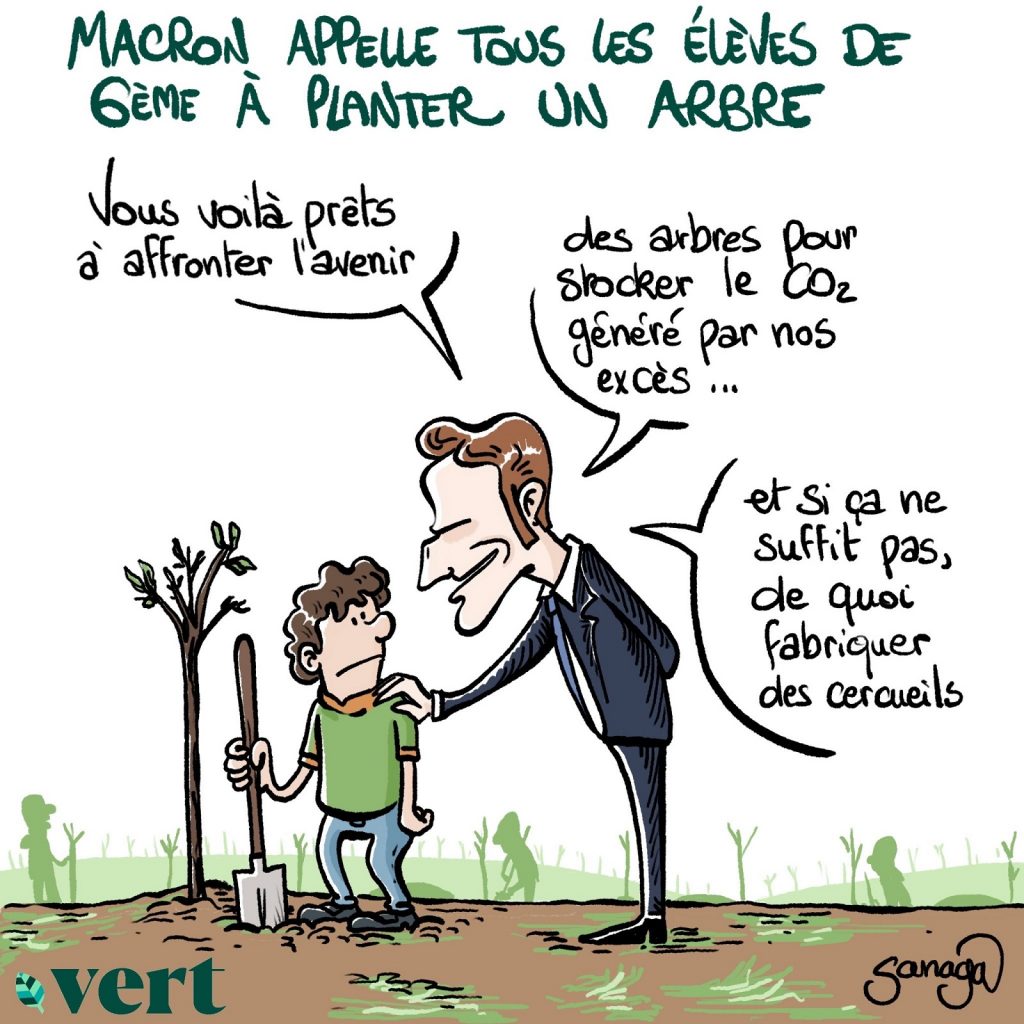 dessin presse humour Emmanuel Macron image drôle plantation arbre élève sixième
