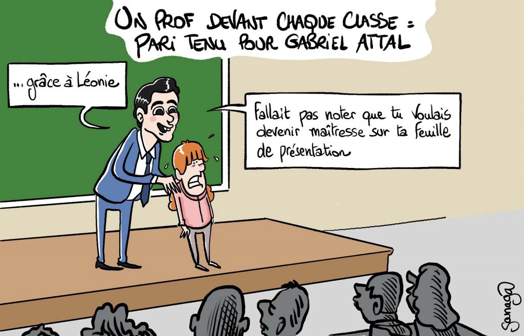 dessin presse humour promesse Gabriel Attal image drôle prof classe