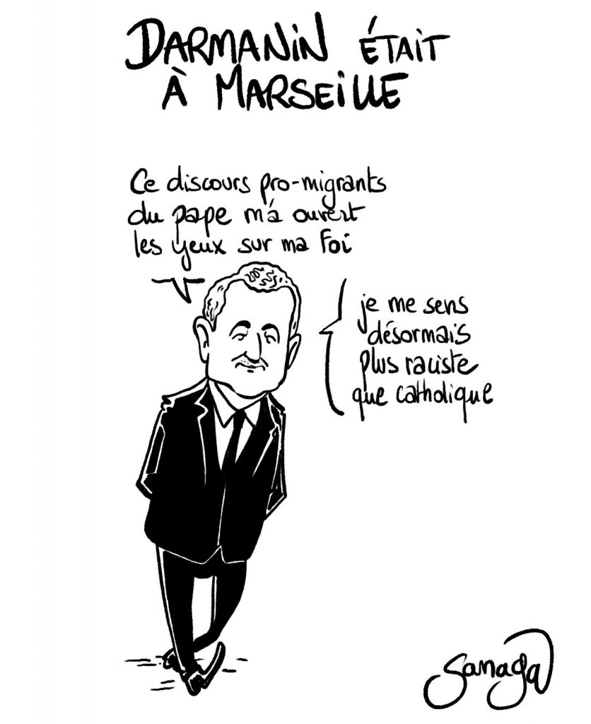 dessin presse humour discours pro-migrants image drôle Pape Marseille Gérald Darmanin