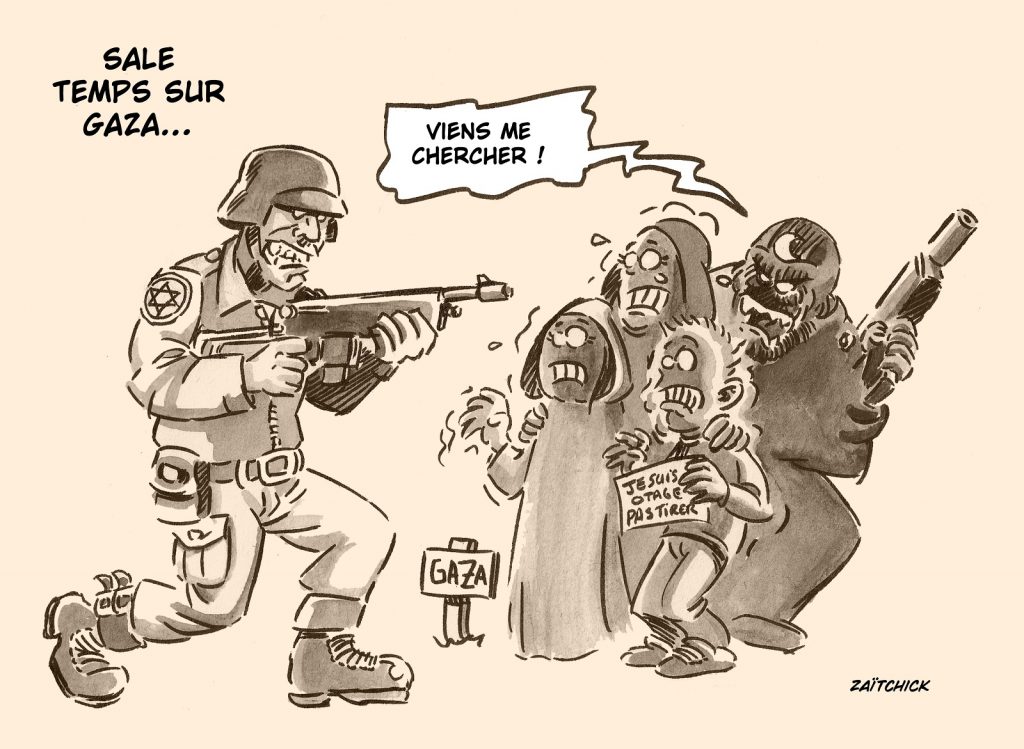 dessin presse humour attaque terroriste Hamas bouclier humain image drôle état guerre Israël