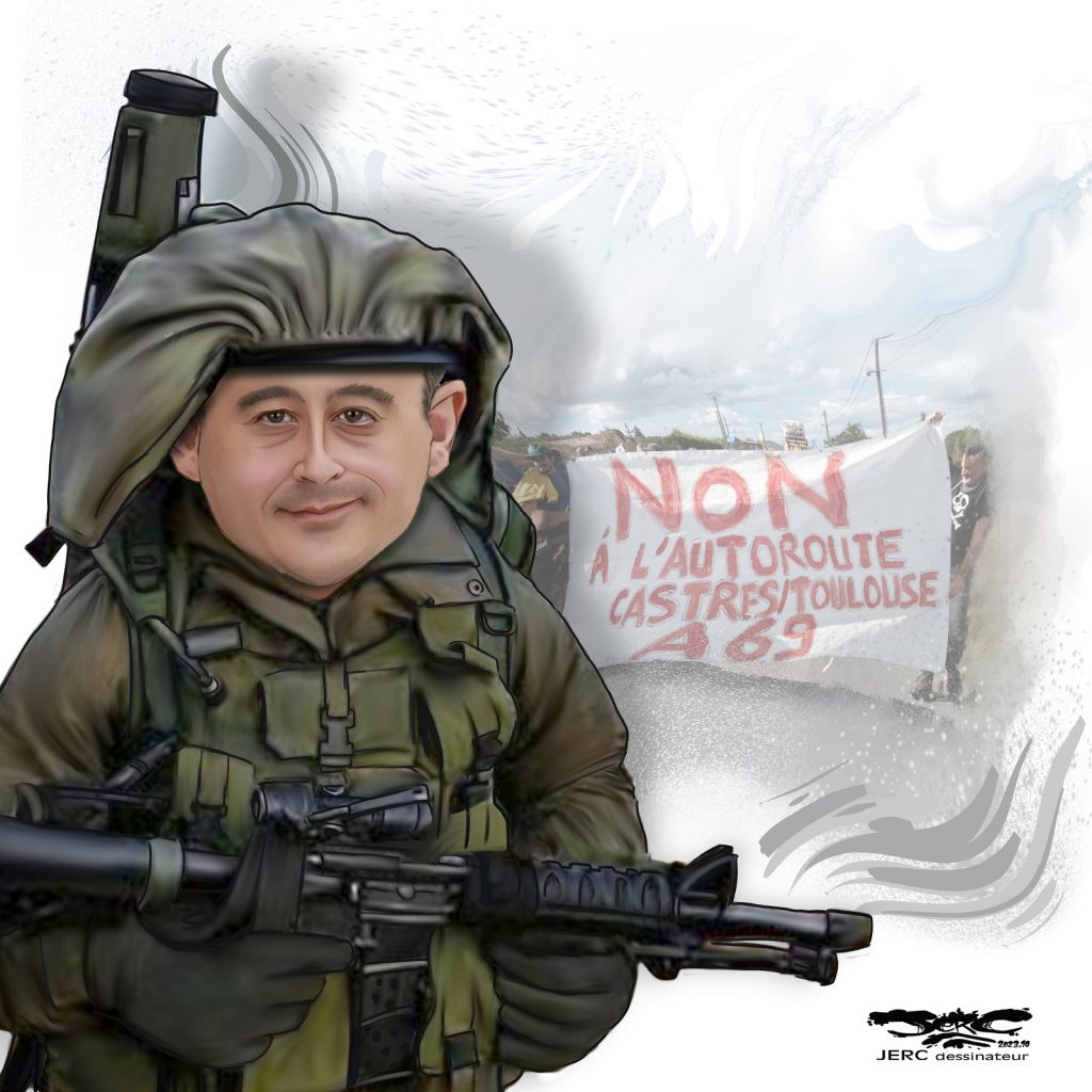 dessin presse humour Gérald Darmanin autoroute A69 image drôle état guerre Israël