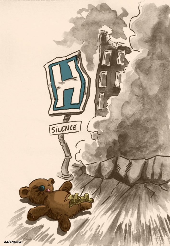 dessin presse humour attaque terroriste Hamas bouclier humain image drôle hôpital Gaza