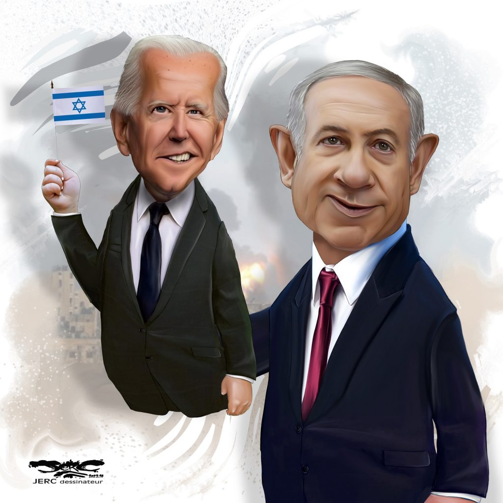 dessin presse humour Joe Biden Benyamin Netanyahou image drôle état guerre Israël