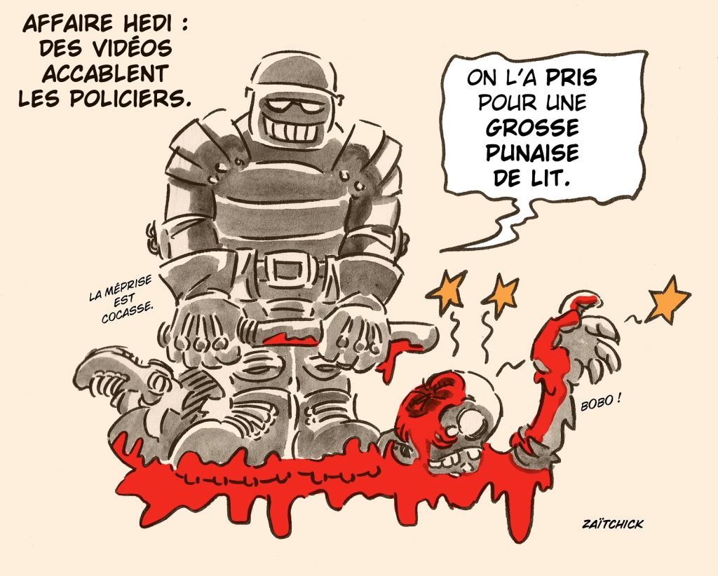 dessin presse humour affaire Hedi image drôle violences policières punaises lit