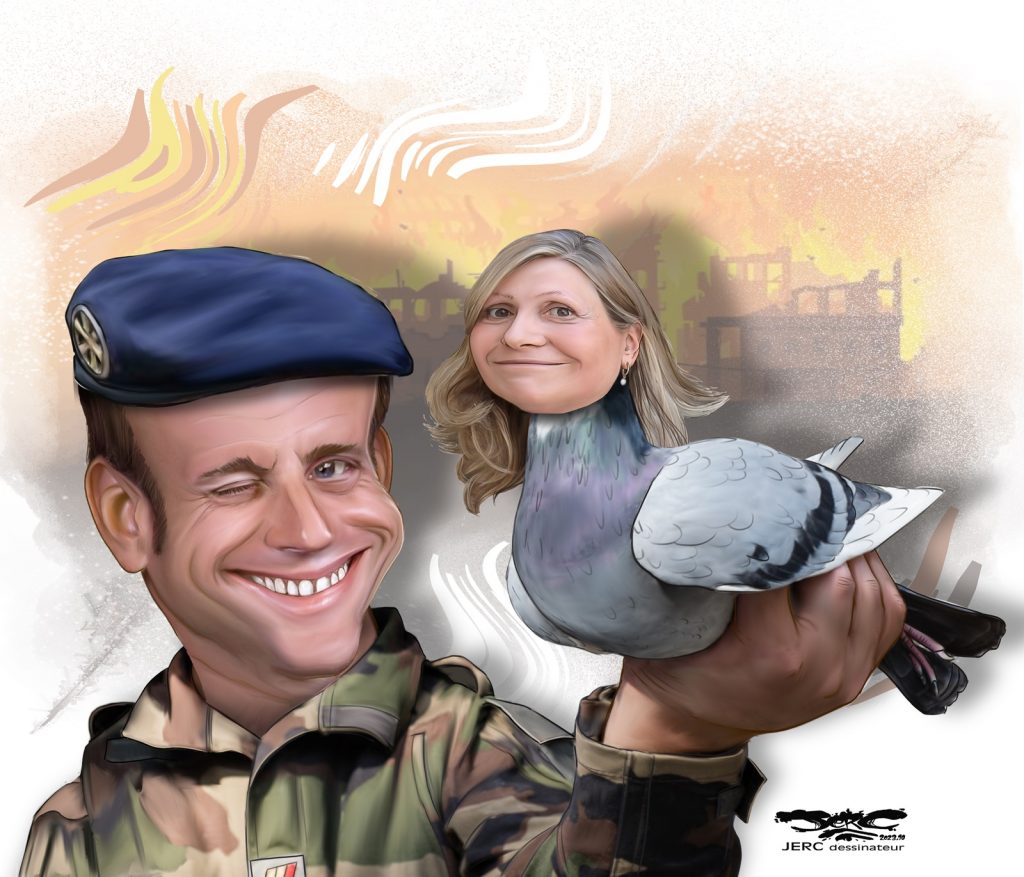 dessin presse humour Emmanuel Macron Yaël Braun-Pivet image drôle état guerre Israël