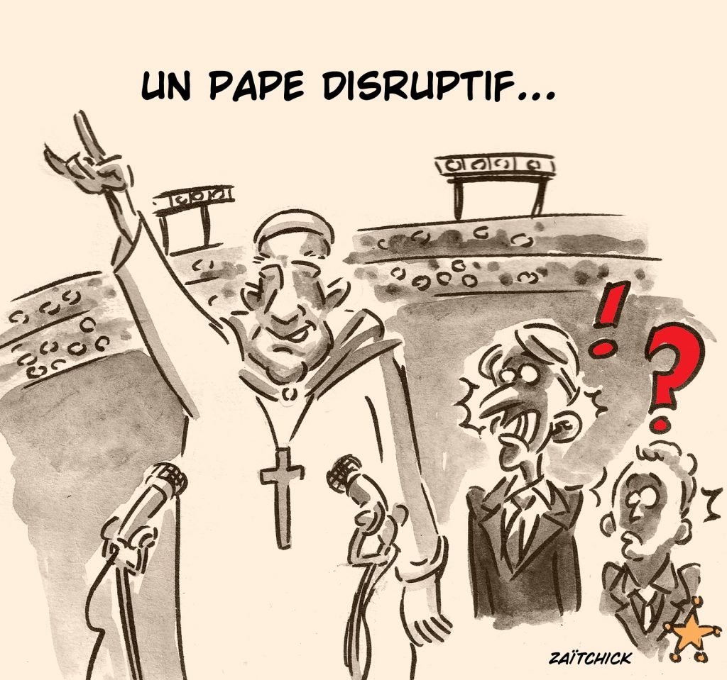 dessin presse humour discours pro-migrants image drôle Pape Marseille Emmanuel Macron Gérald Darmanin