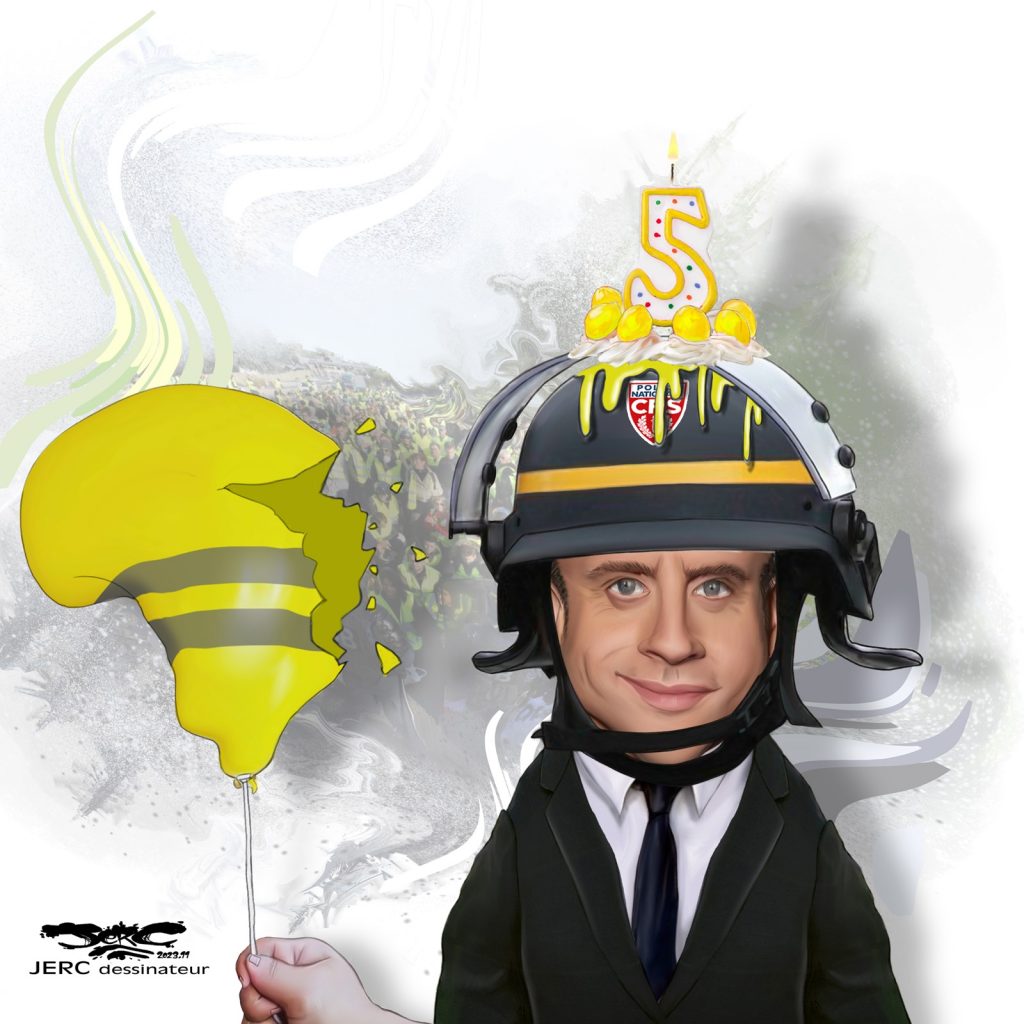 dessin presse humour Emmanuel Macron image drôle anniversaire gilets jaunes