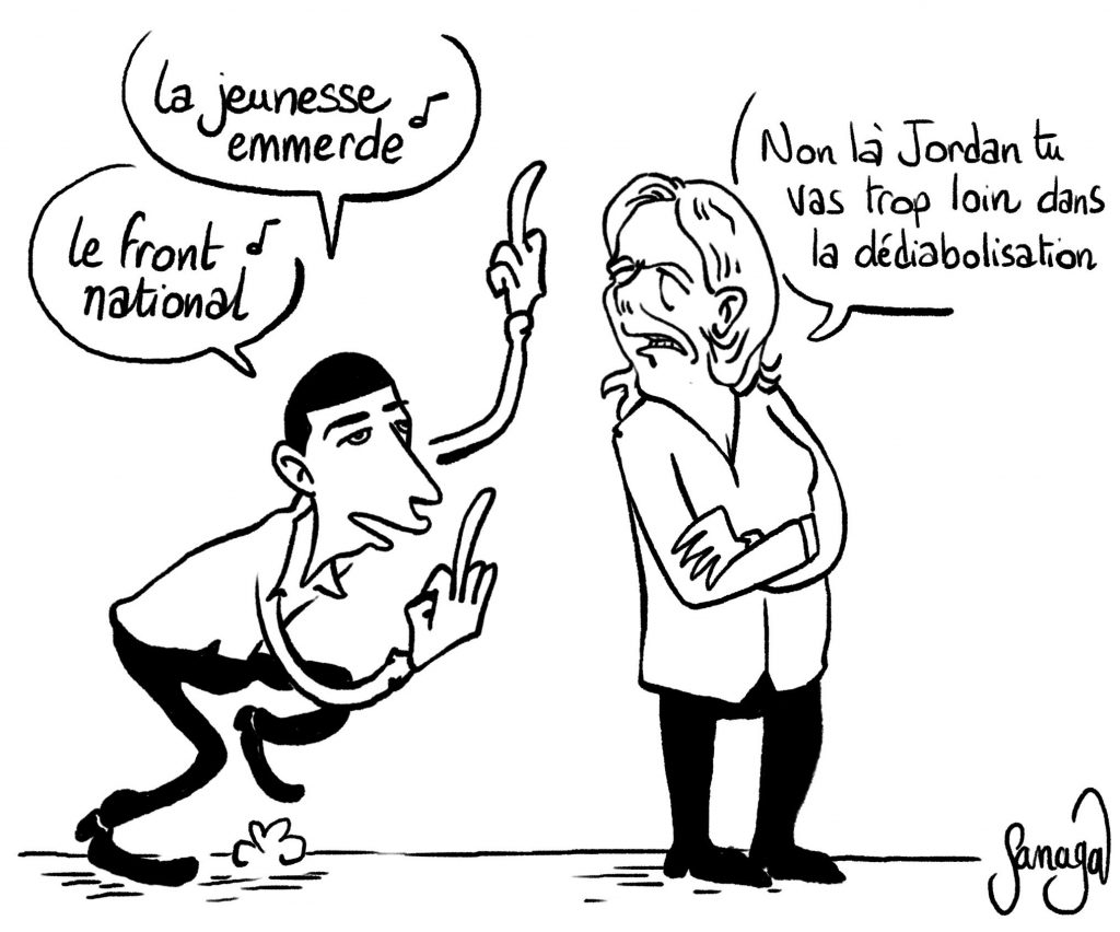 dessin presse humour Jordan Bardella Marine Le Pen image drôle dédiabolisation Rassemblement National