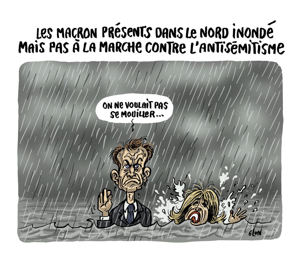 dessin presse humour Emmanuel Macron image drôle marche contre antisémitisme inondations Nord