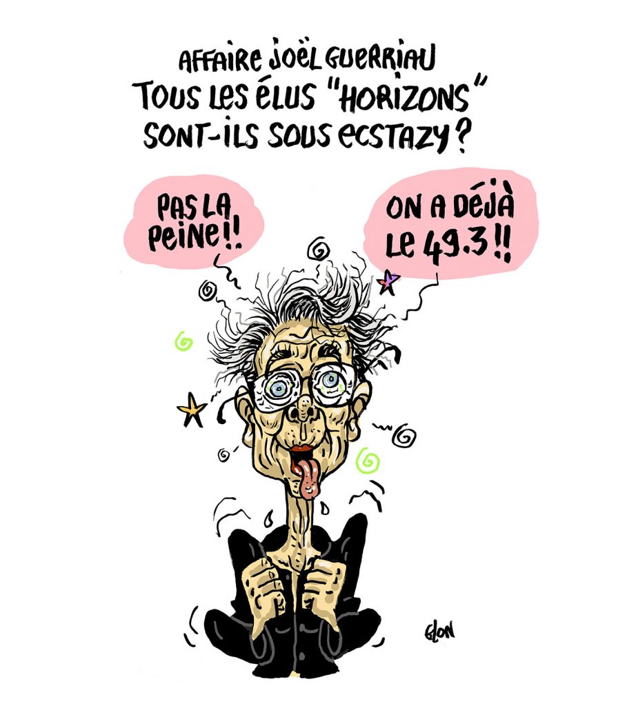 dessin presse humour Élisabeth Borne image drôle Joël Guerriau sénateur drogué