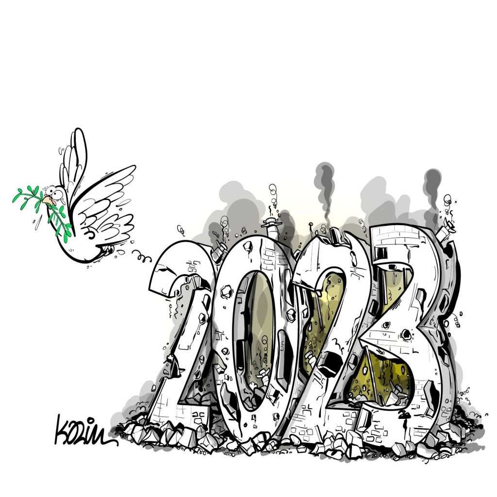 dessin presse humour fin année 2023 image drôle guerre monde