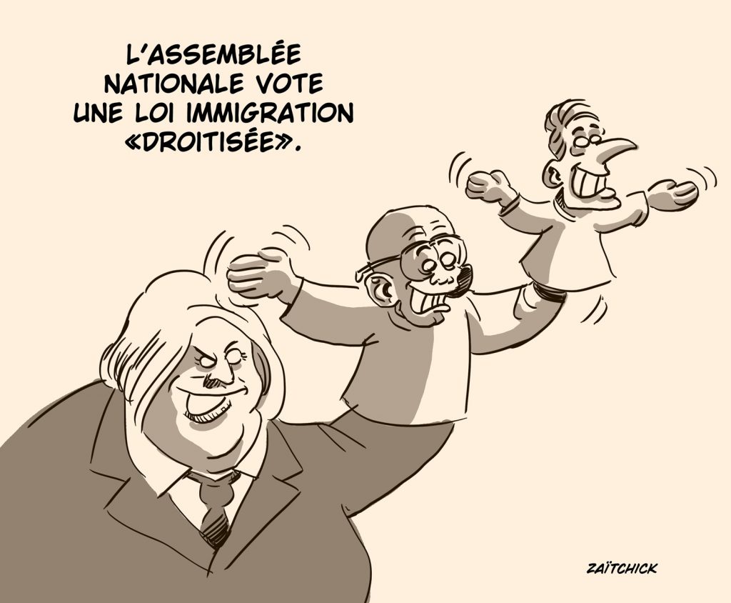 dessin presse humour Marine Le Pen Éric Ciotti image drôle Emmanuel Macron loi immigration