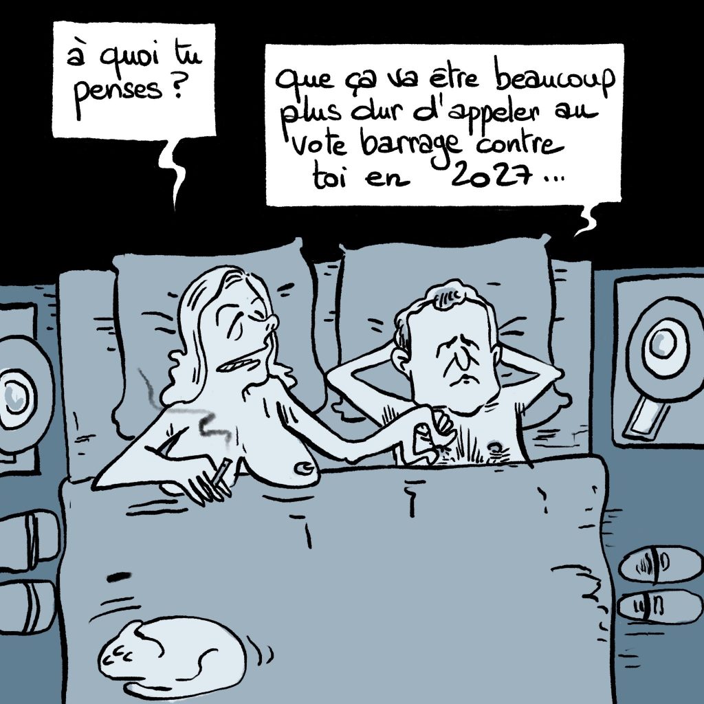 dessin presse humour Marine Le Pen Gérald Darmanin image drôle loi immigration