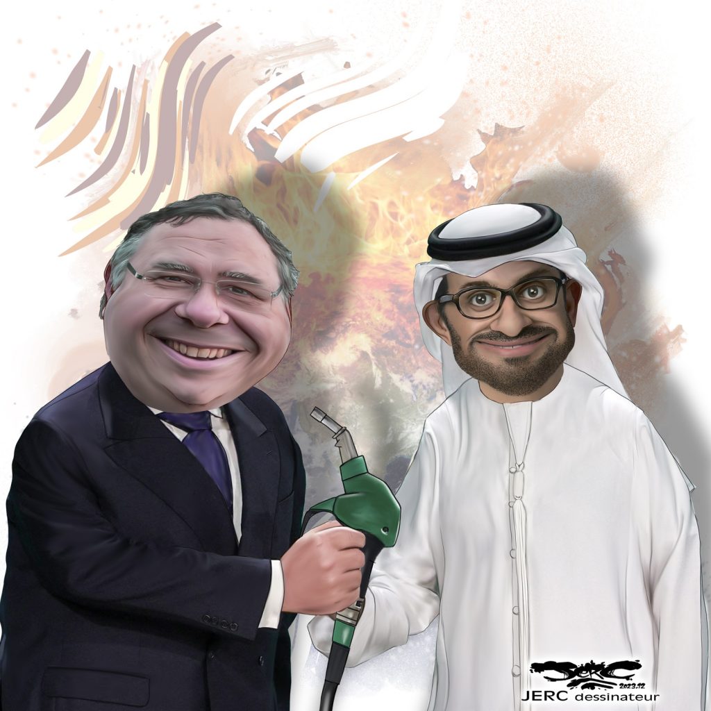 dessin presse humour COP28 accord image drôle Sultan Al Jaber Patrick Pouyanné