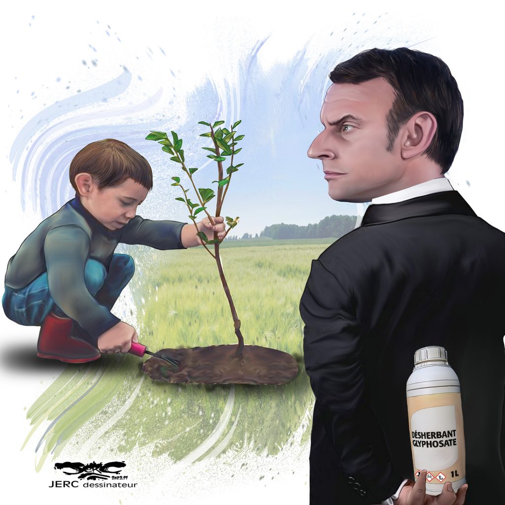 dessin presse humour Emmanuel Macron image drôle plantation d’arbre autorisation glyphosate