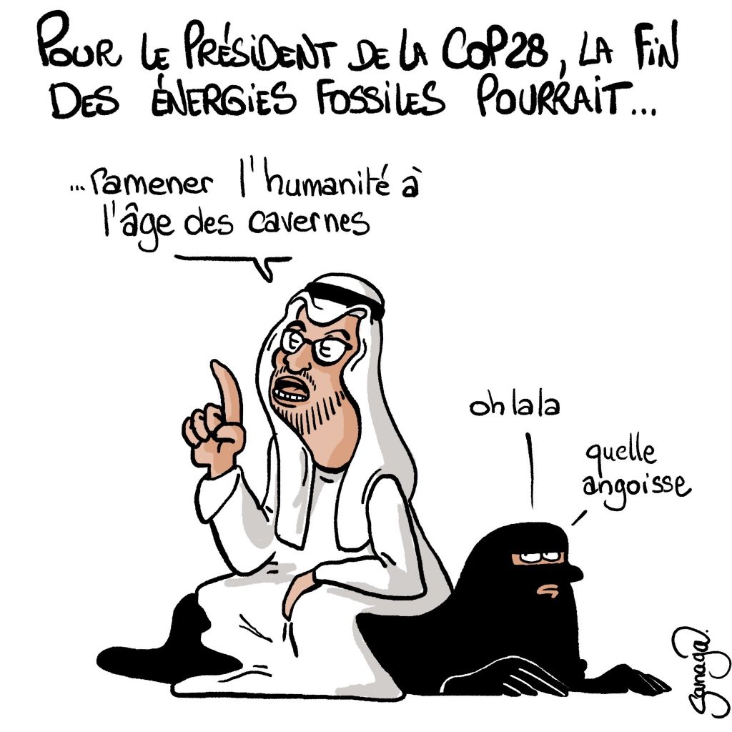 dessin presse humour énergies fossiles image drôle COP28 Dubaï droit femmes islam