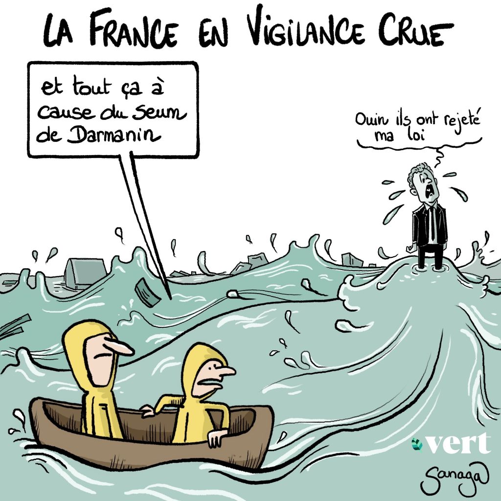 dessin presse humour Gérald Darmanin rejet projet loi immigration image drôle vigilance crue France