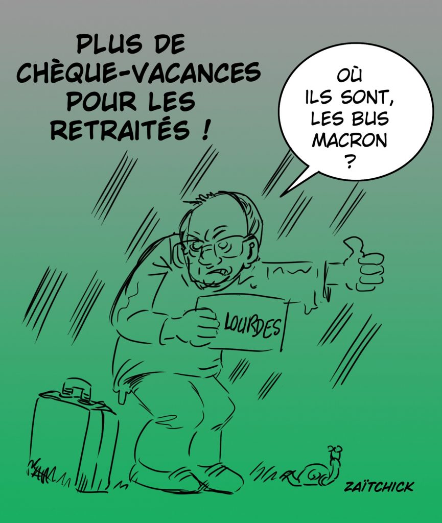 dessin presse humour suppression chèques-vacances image drôle retraités bus Macron