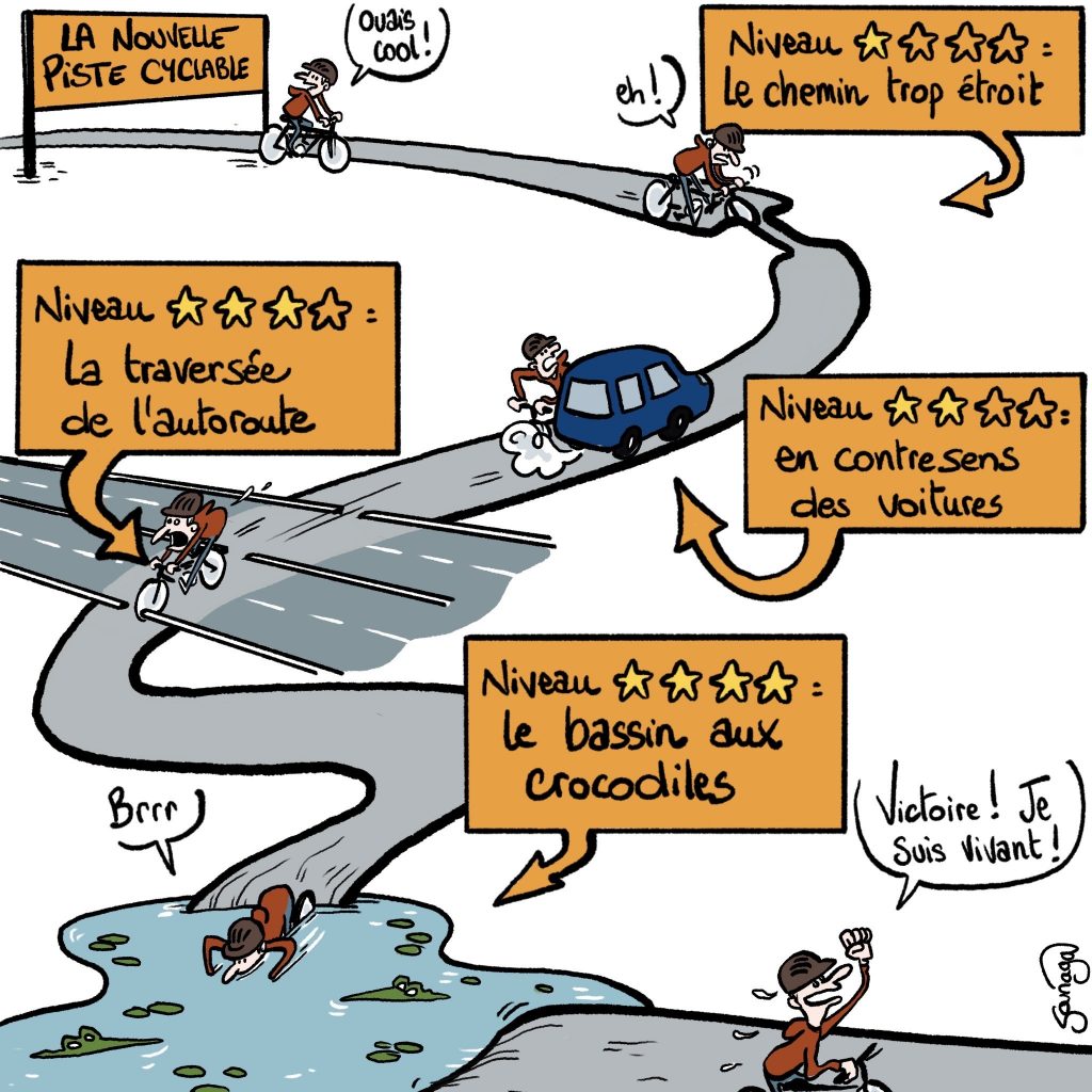 dessin presse humour mode déplacement doux image drôle sécurité pistes cyclables