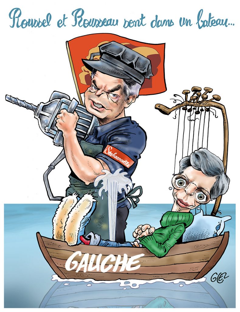 dessin presse humour Fabien Roussel Sandrine Rousseau image drôle naufrage gauche française