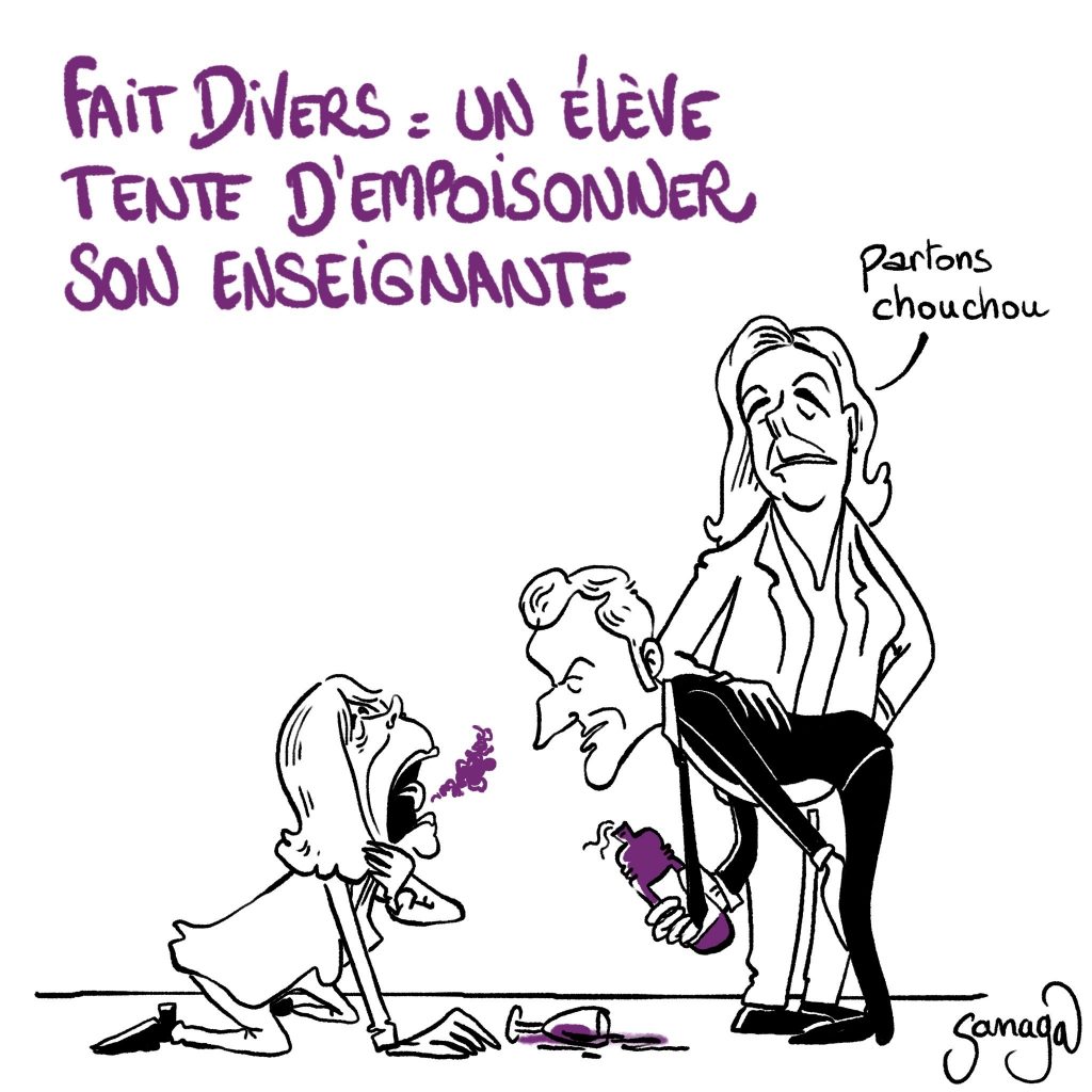 dessin presse humour Marine Le Pen Emmanuel Macron Brigitte Macron image drôle loi immigration