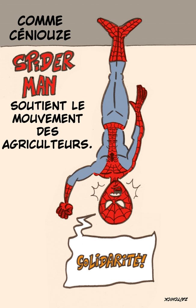 dessin presse humour Spider-Man CNews image drôle soutien mouvement agriculteurs