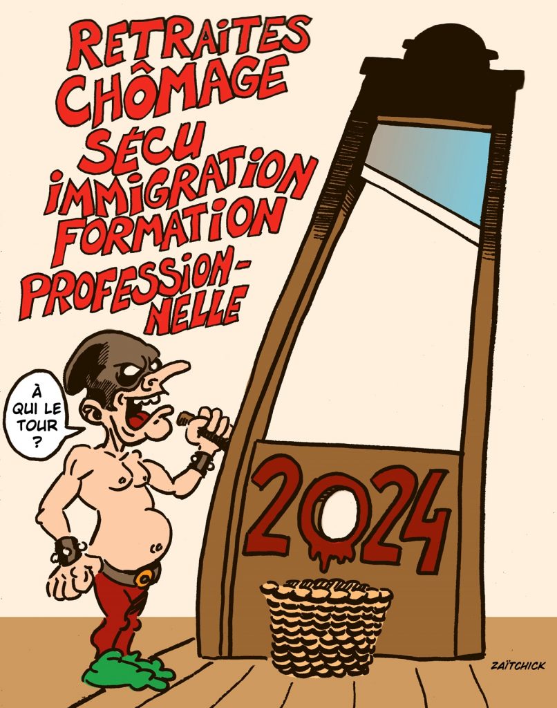 dessin presse humour Emmanuel Macron image drôle nouvelle année 2024