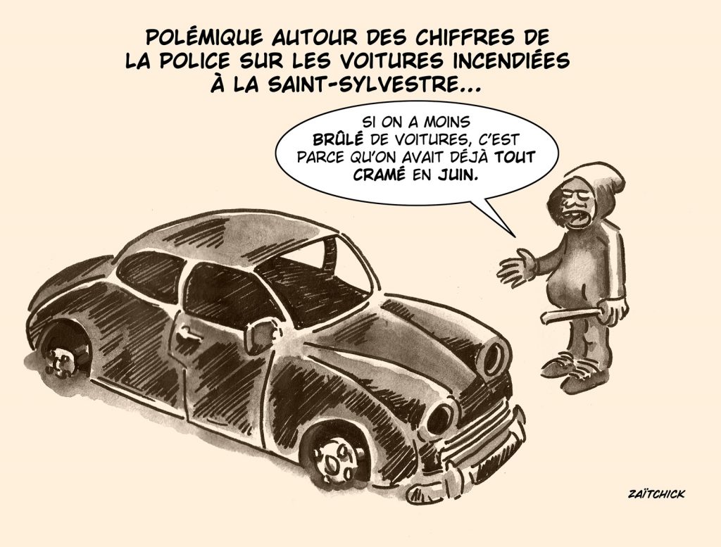 dessin presse humour voitures brûlées image drôle Saint-Sylvestre