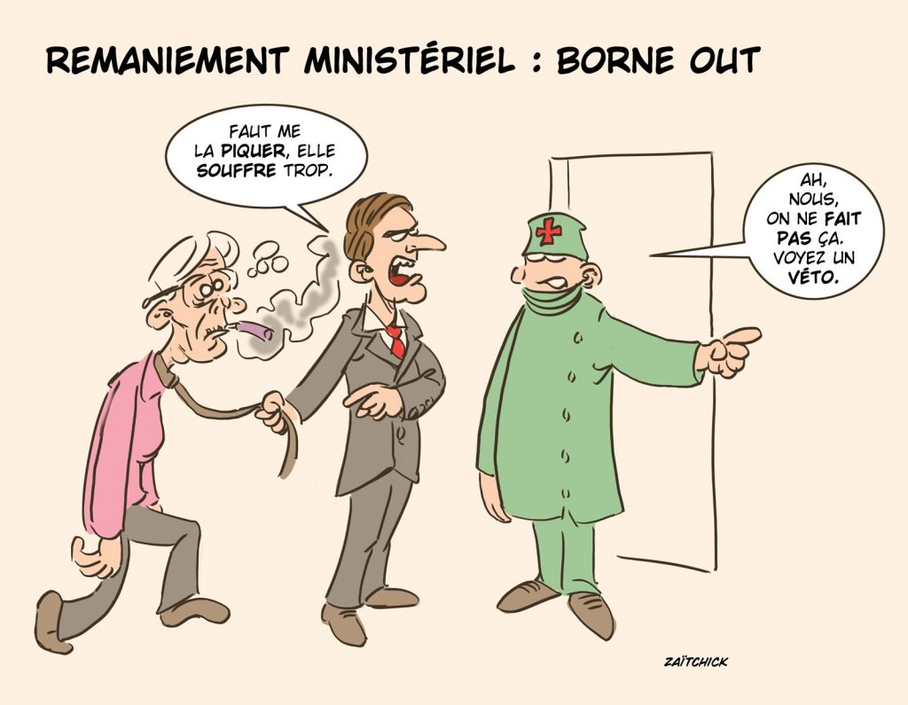 dessin presse humour Emmanuel Macron image drôle remaniement ministériel départ Élisabeth Borne