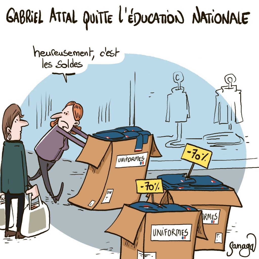 dessin presse humour départ Gabriel Attal Éducation Nationale image drôle soldes uniforme école