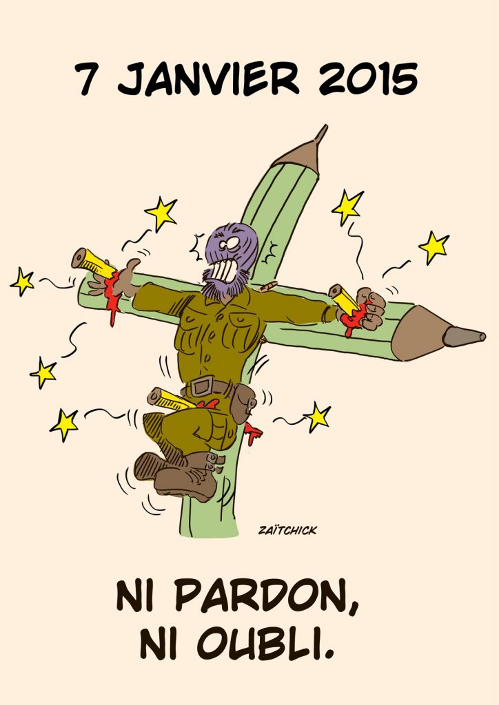 dessin presse humour anniversaire image drôle attentat Charlie Hebdo