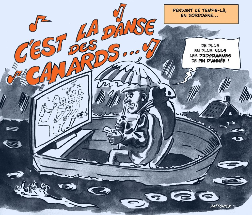 dessin presse humour fêtes fin année image drôle inondations Dordogne