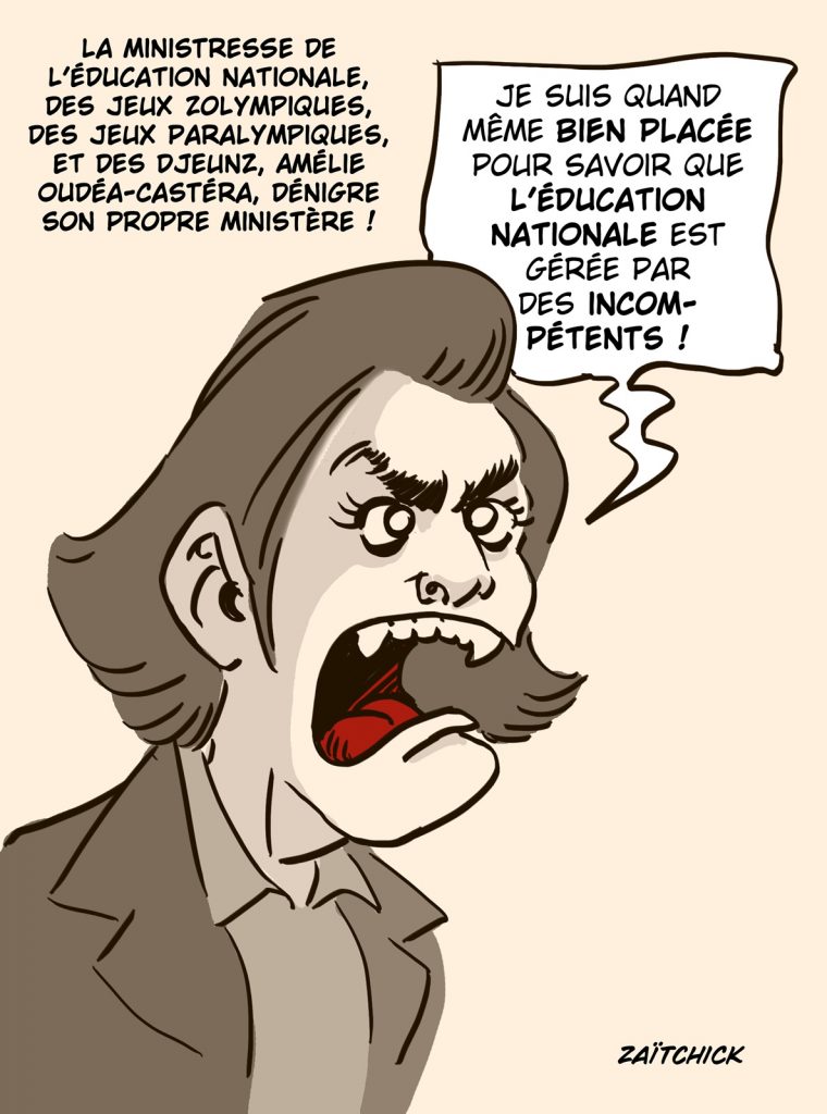 dessin presse humour Amélie Oudéa-Castéra image drôle dénigrement Éducation Nationale