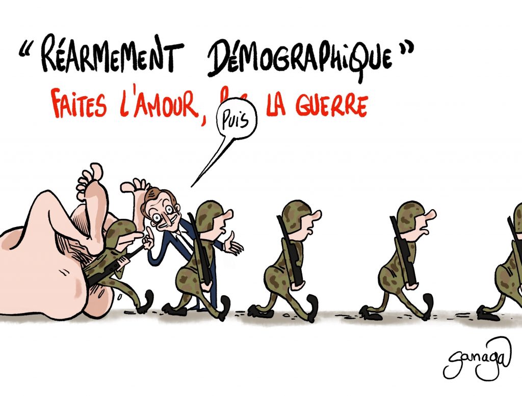 dessin presse humour Emmanuel Macron image drôle réarmement démographique