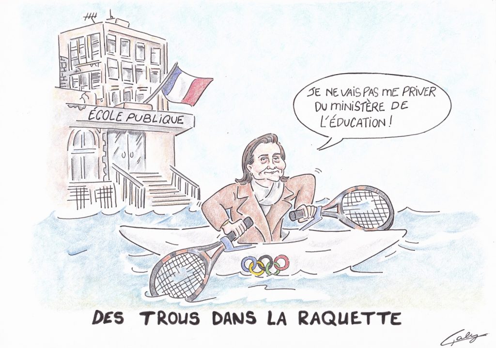 dessin presse humour Amélie Oudéa-Castéra image drôle polémique salaire Fédération Française Tennis Jeux Olympiques Ministre Éducation Nationale