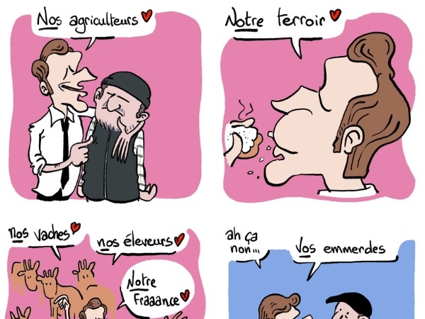 dessin presse humour salon agriculture image drôle Emmanuel Macron agriculteurs français