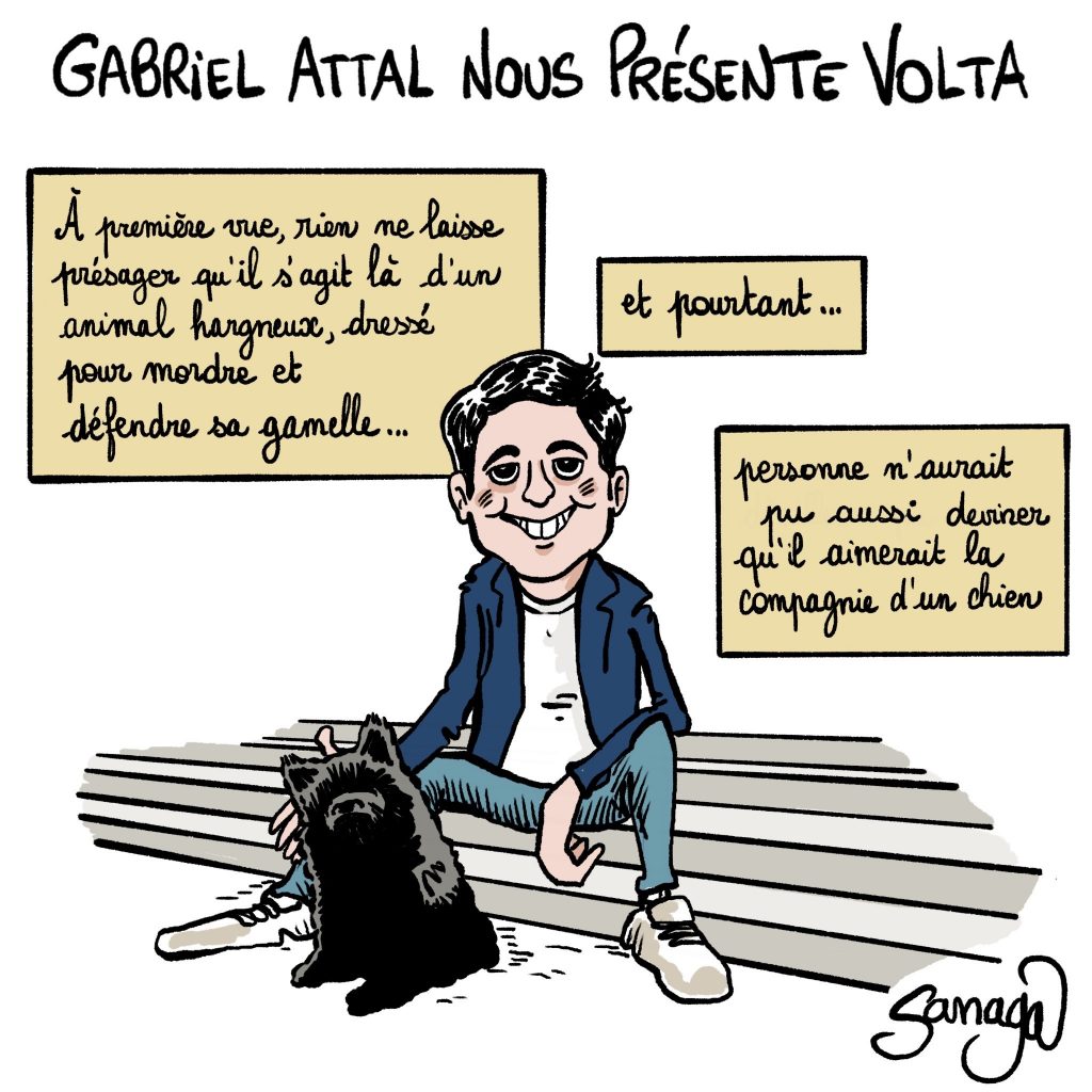 dessin presse humour Gabriel Attal image drôle chien Volta