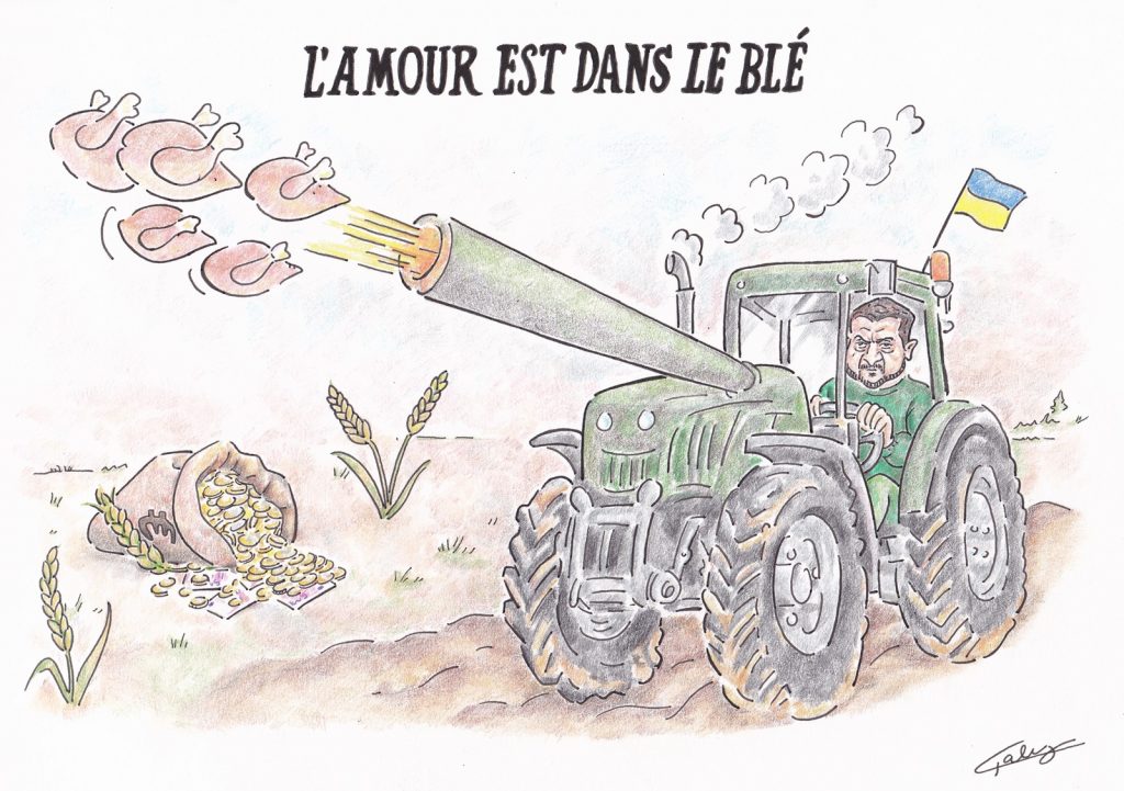 dessin presse humour Zelensky guerre Ukraine image drôle blé poulet ukrainien