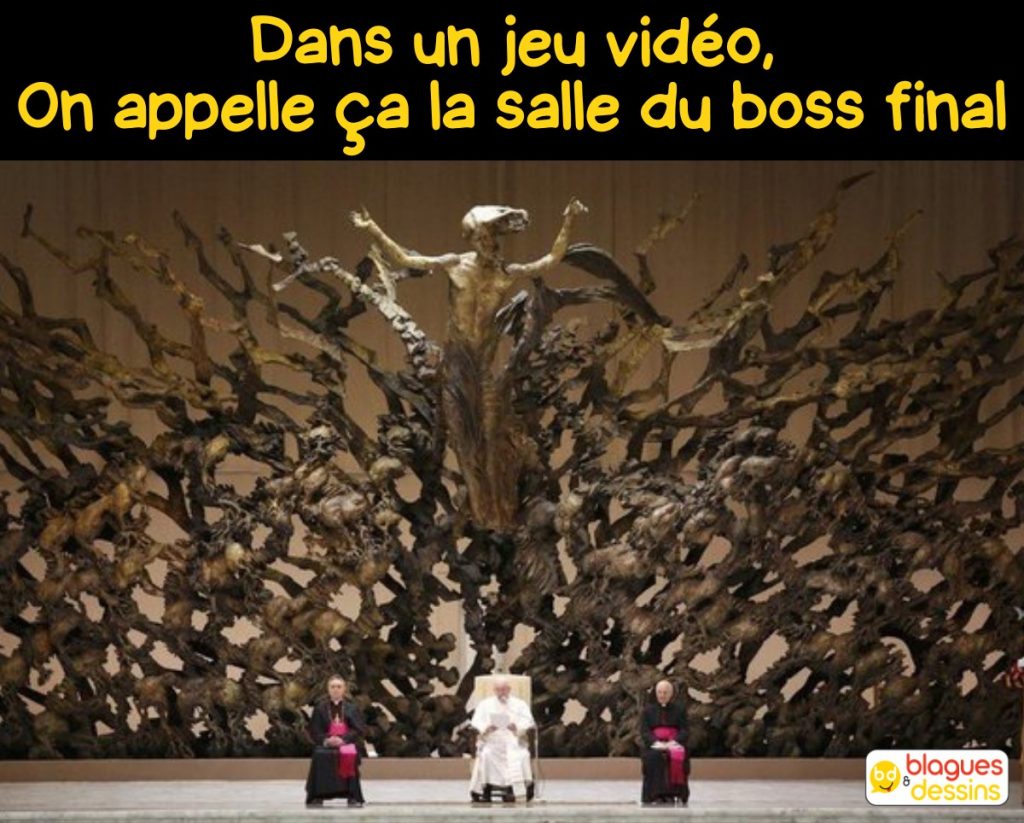 dessin humour Vatican Pape image drôle jeu vidéo salle boss final