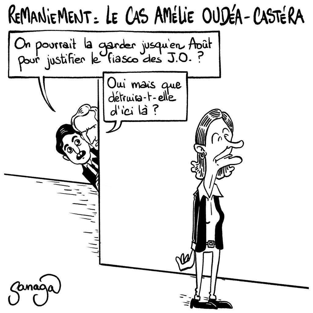 dessin humour politique du jour, dessin du jour, dessin d’actualité, Sanaga, blague Amélie Oudéa-Castéra, blague Gabriel Attal, blague Emmanuel Macron, blague remaniement, blague scandale, blague fiasco, blague J.O., blague Paris 2024, blague destruction, blague Jeux Olympiques