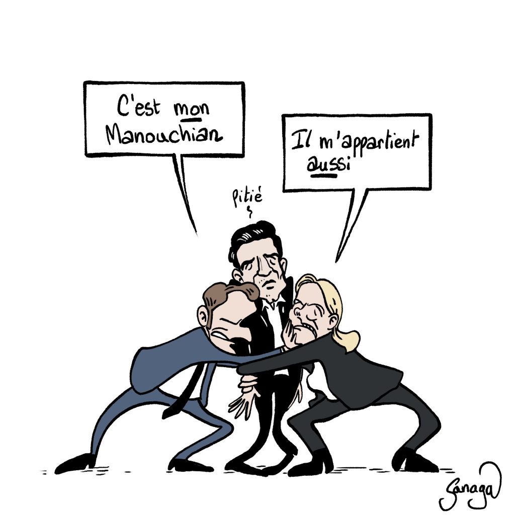 dessin presse humour Emmanuel Macron Marine Le Pen image drôle Missak Manouchian Panthéon
