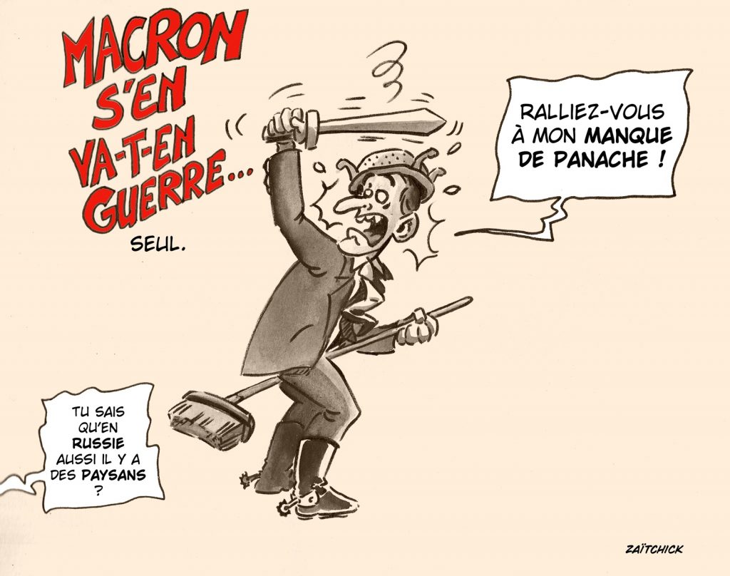 dessin presse humour Emmanuel Macron image drôle troupes militaires Ukraine